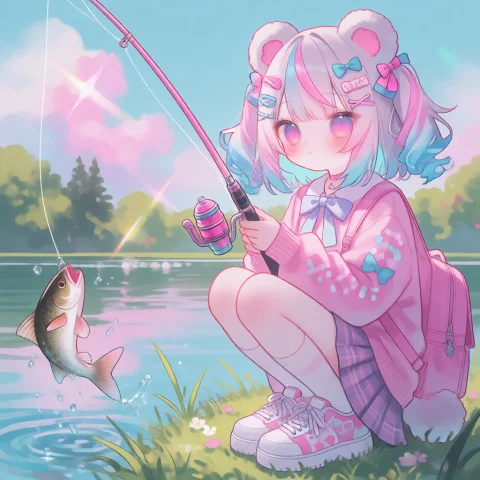 Pastel Color Palette, Aesthetic. A Jirai Kei Girl With Bear... — Stable Diffusion AI Prompt: Pastel color palette, aesthetic. A jirai kei girl with bear ears going fishing a...