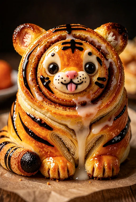 A Tiger-shaped Cinnamon Roll Pastry In Vibrant Orange With B...