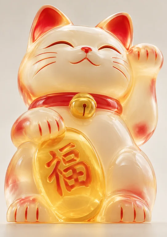Un Maneki Neko, De Couleur Rouge Et Jaune. Vue En Trs Lgre C...