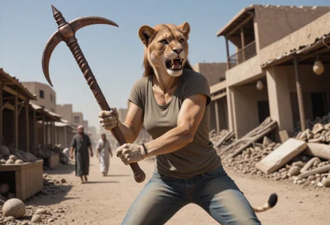 Photorealistic, A Tall And Muscular Anthro Lioness Female In... — Stable Diffusion AI Prompt: Photorealistic, A tall and muscular anthro lioness female in the middle of a hal...