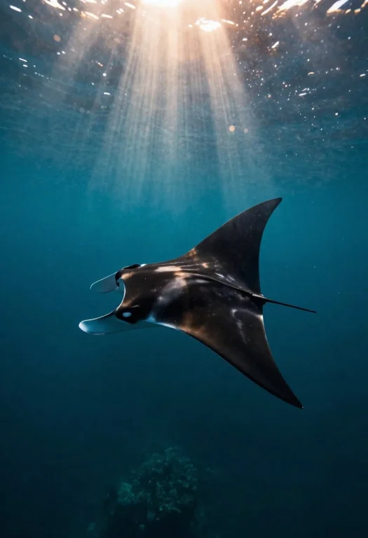 A Manta Ray Gliding Over A Sunlit Reef, Cinematic Photograph...