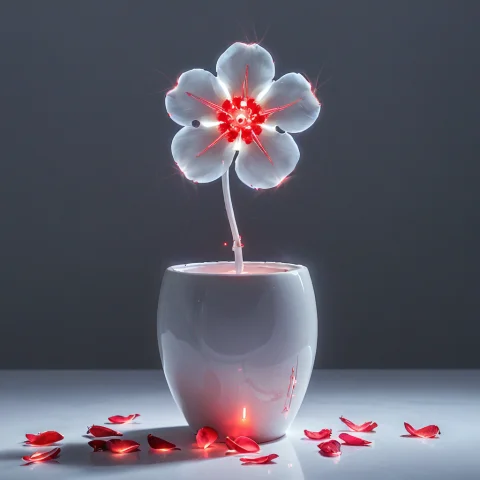 Very Wide Photograph Of Sleek Delicate Small Cybernetic Flow... — SDXL AI Prompt: very wide photograph of sleek delicate small cybernetic flower , flower petals f...
