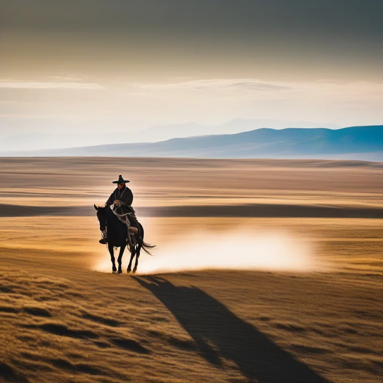 A Mongol Rider Crossing An Endless Steppe, Iridescent Light,...