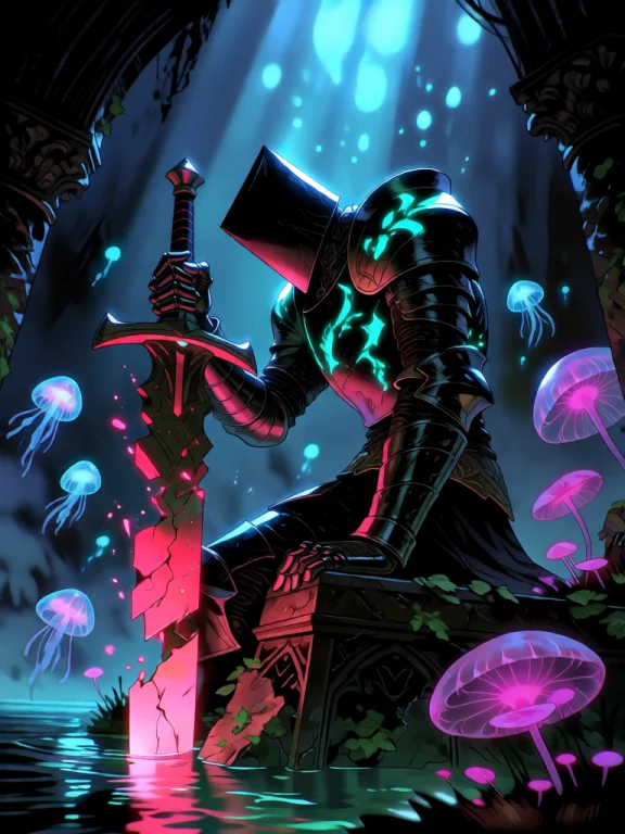 A Silhouetted Abyssal Knight In Ornate Obsidian Plate Armor...