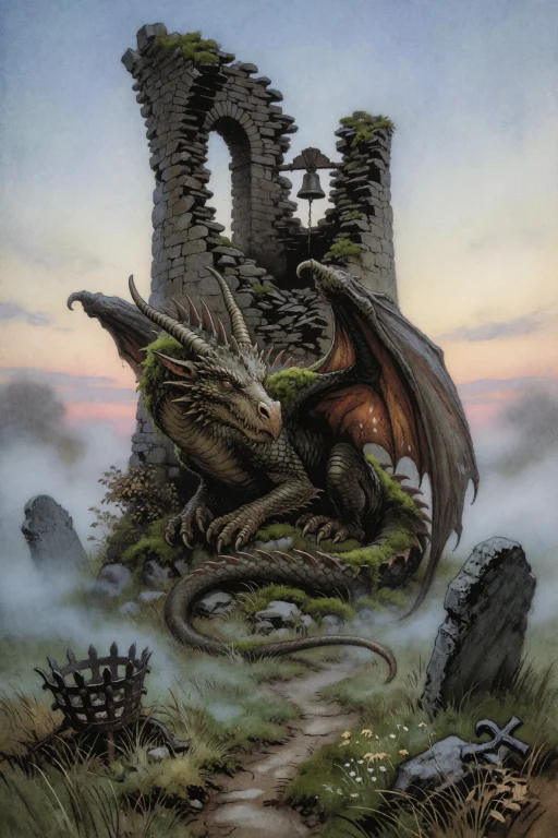 An Ancient Dragon Coiled Loosely Around The Base Of A Ruined...