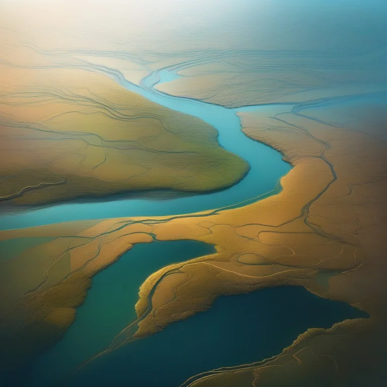 A Meandering River Delta Seen From A Ridge, Digital Painting...