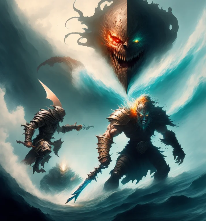 A Painting Of A Giant Boss Attacking A Knight In The Ocean,...