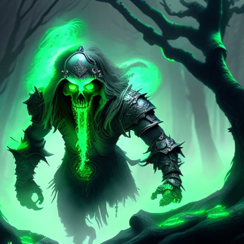 A Ghst-4000 Walking In A Forest With Floating Skulls And Lot... — Stable Diffusion AI Prompt: A ghst-4000 walking in a forest with floating skulls and lots of green flares an...