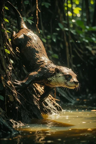 Nature, A Giant Otter Porpoising Down A Blackwater Creek In... — Stable Diffusion AI Prompt: nature, A giant otter porpoising down a blackwater creek in southern Venezuela,...