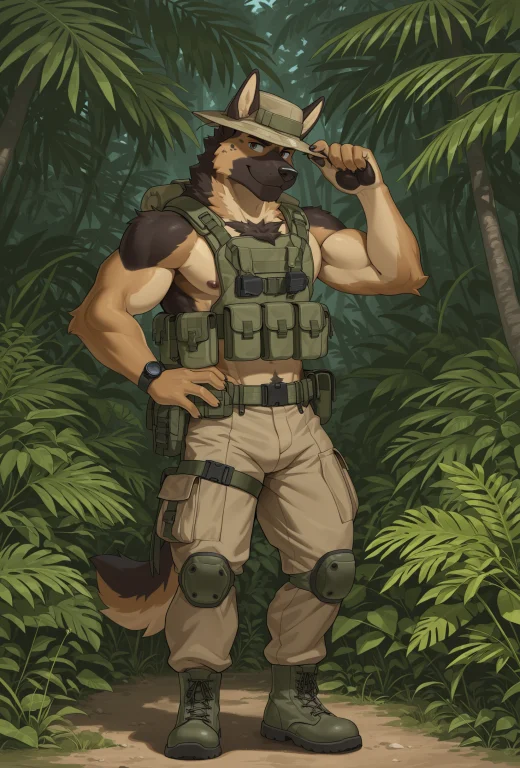 Male Anthro German Shepherd, Multicolored Fur, Solo, Jungle...
