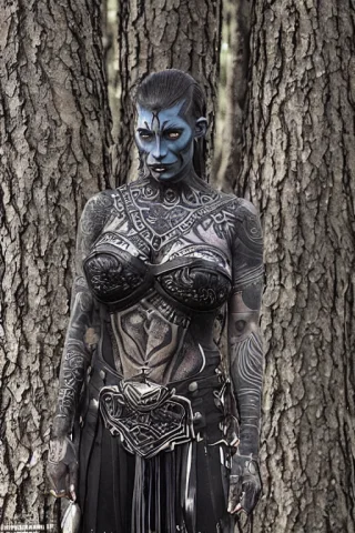 Colour Picture Epic Fantasy Villain Dark Elf Female Warrior... — Stable Diffusion AI Prompt: colour picture (epic fantasy villain dark elf female warrior) with a (tattooed f...
