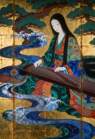 Painting On A Folding Screen Of An Anime Character, Gold Lea... — Stable Diffusion AI Prompt: Painting on a folding screen of an anime character, gold leaf background laid in...