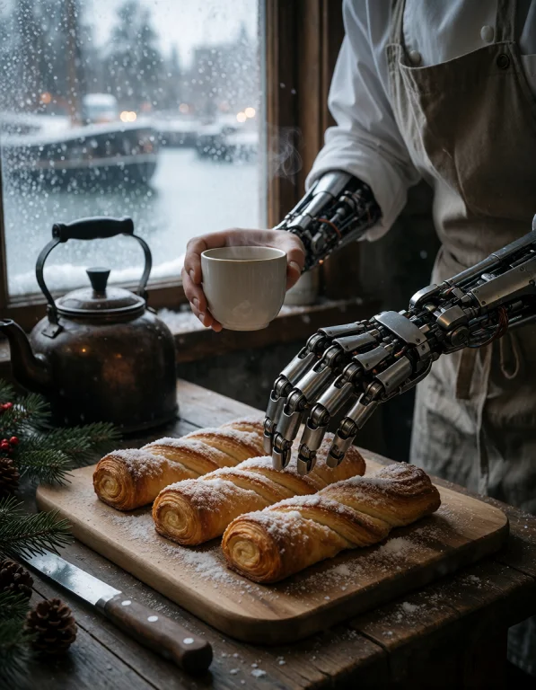 Create A Refined Vertical Scene Depicting A Cyborg Pastry Ch...
