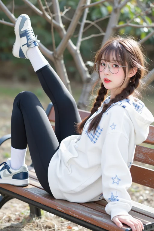 超写实人像摄影，二次元感甜妹少女，棕色双麻花长辫，齐刘海，佩...