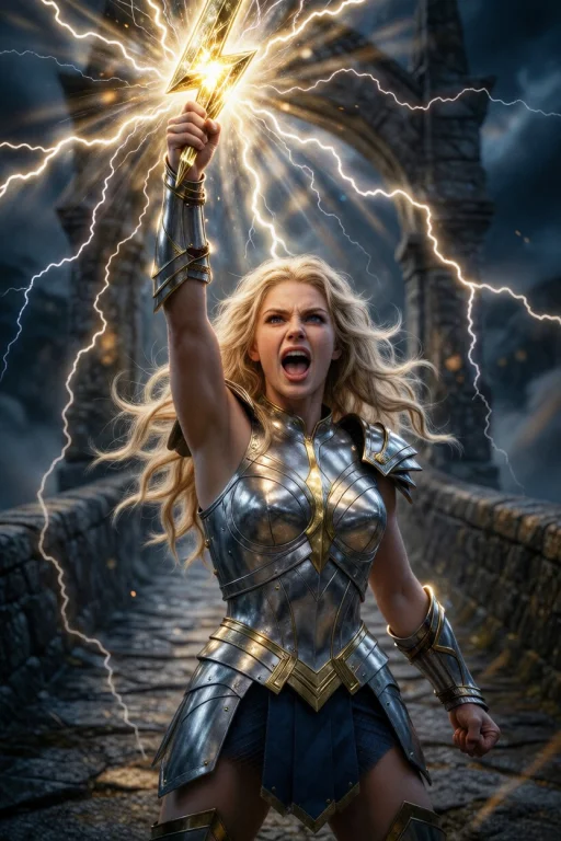 A Solo Young Woman, Long Wavy Blonde Hair, With Strong Muscl...