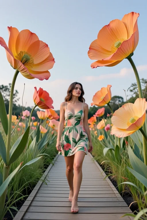 A Young Woman Walks A Boardwalk Through A Swamp Of Giant Flo...
