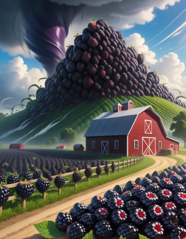 A Scene Of A Farm, With A Tornado Made Of Juicy Blackberries...