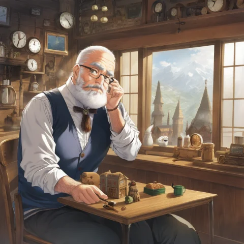 Bearded Old Man, Glasses, Sitting At Table, Vest, Solo, Mast... — Stable Diffusion AI Prompt: Bearded old man, glasses, sitting at table, vest, solo, masterpiece, clocks, woo...