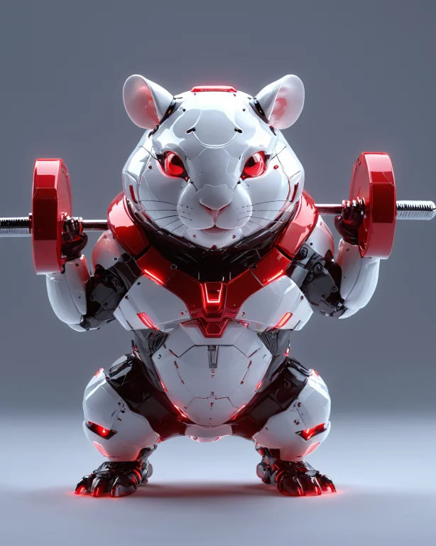 A Chubby Robot Hamster With A Glossy White And Red Tech Body...