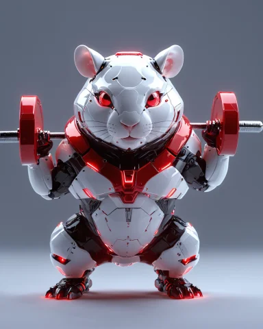 A Chubby Robot Hamster With A Glossy White And Red Tech Body... — Stable Diffusion AI Prompt: a chubby robot hamster with a glossy white and red tech body, lifting a barbell...