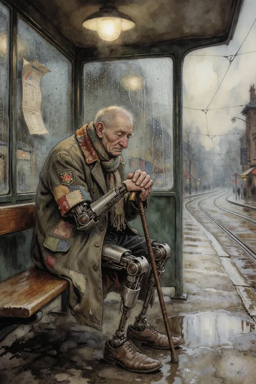 Ageing Cyborg Veteran Sitting Alone On A Bench At A Rain-soa...