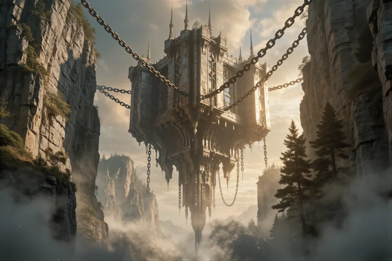 Epic Concept Art Illustration Of A Colossal Suspended Fortre...