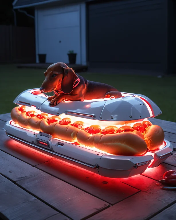 A Dachshund Lying Inside A Giant Hot Dog Bun, Robot Dachshun...