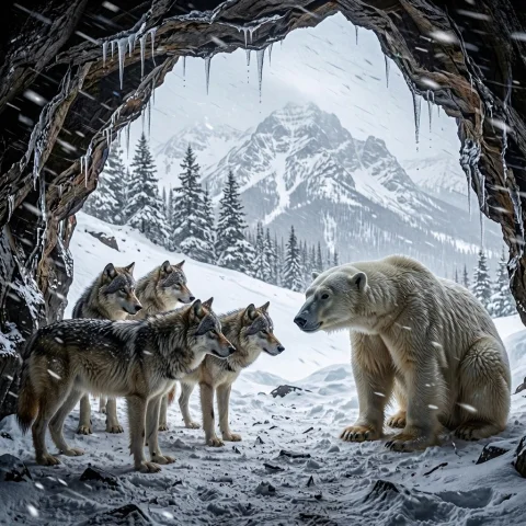 Inside A Cave On A Snow-covered Mountain During A Blizzard,... — Stable Diffusion AI Prompt: Inside a cave on a snow-covered mountain during a blizzard, a pack of wolves and...