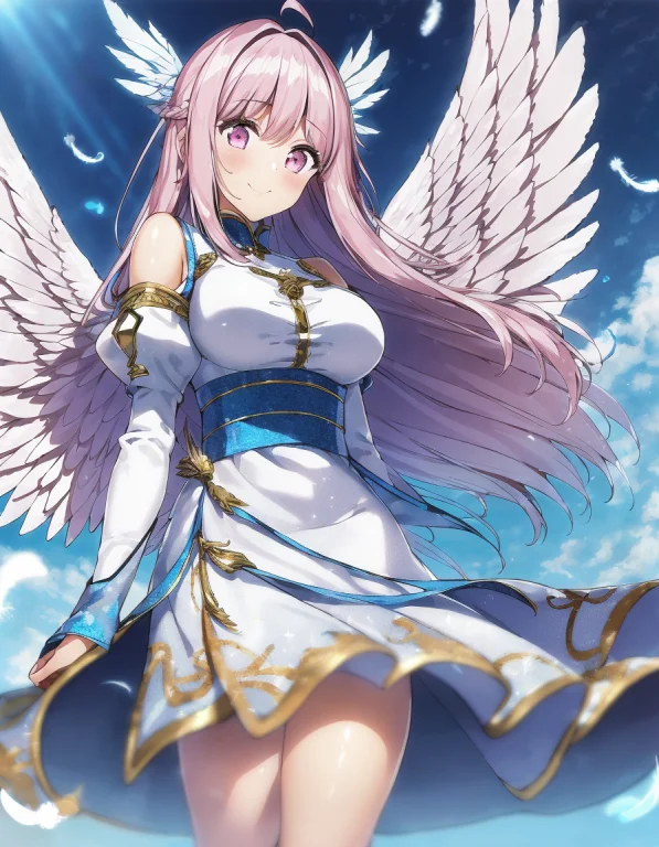 Woman, Angel, Feathers, Long Blue Hair, Pink Eyes, Masterpie...