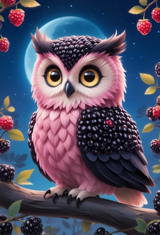 Blackberryworld, Cute Pink And Blue Owl, Berries World, Big... — SDXL AI Prompt: blackberryworld, cute pink and blue owl, berries world, big eyes, cartoon, whims...