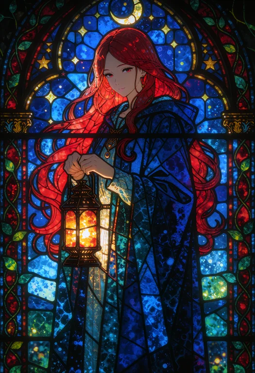 Stained Glass Window Of An Anime Character, Thick Black Lead...