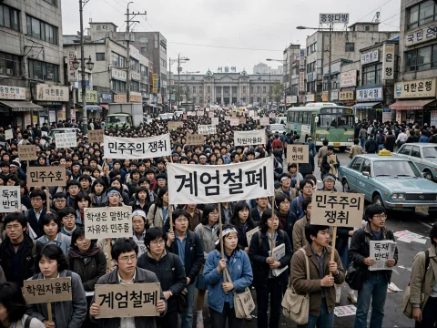 A Realistic Historical Wide-angle Photograph Of Students Pro... — Stable Diffusion AI Prompt: A realistic historical wide-angle photograph of students protesting in Seoul, So...