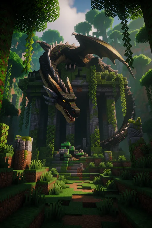 Colossal Minecraft Dragon Coiled Around A Crumbling Temple I...