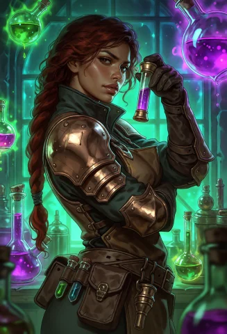 Cowboy Shot, Aspect Ratio 23, A Focused Alchemist With Warm... — Stable Diffusion AI Prompt: cowboy shot, aspect ratio 2:3, A focused alchemist with warm brown skin and deli...