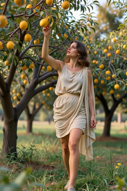 A Young Woman Reaches For Hanging Fruit In An Orchard Of Gol...
