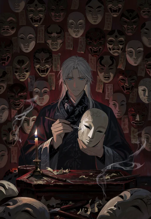 Mysterious Traditional Mask Maker, One Man With A Cold Expre...