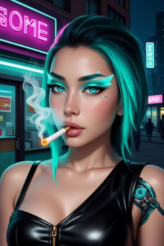 A Portrait Of A Woman Smoking A Neon Vapor Cigarette Beside... — Stable Diffusion AI Prompt: A portrait of a woman smoking a neon vapor cigarette beside a neon-lit ramen sho...