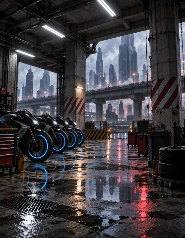 Loratraining2617621-20260926070153368-c0031 Z1os, Empty Open... — Stable Diffusion AI Prompt: z1os, empty open industrial motorcycle garage overlooking a cold rainy megacity...