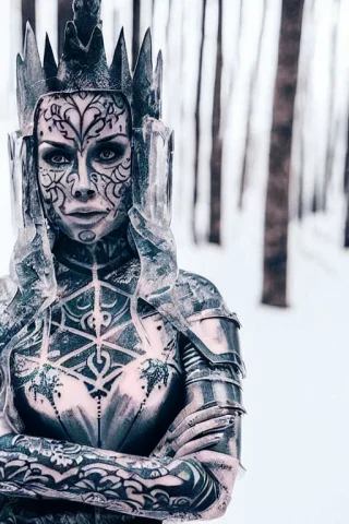 Picture Of Woman With Face And Body Tattoos , Wearing A Iron... — Stable Diffusion AI Prompt: picture of (woman with face and body tattoos) , wearing a (((iron armor))) in a...