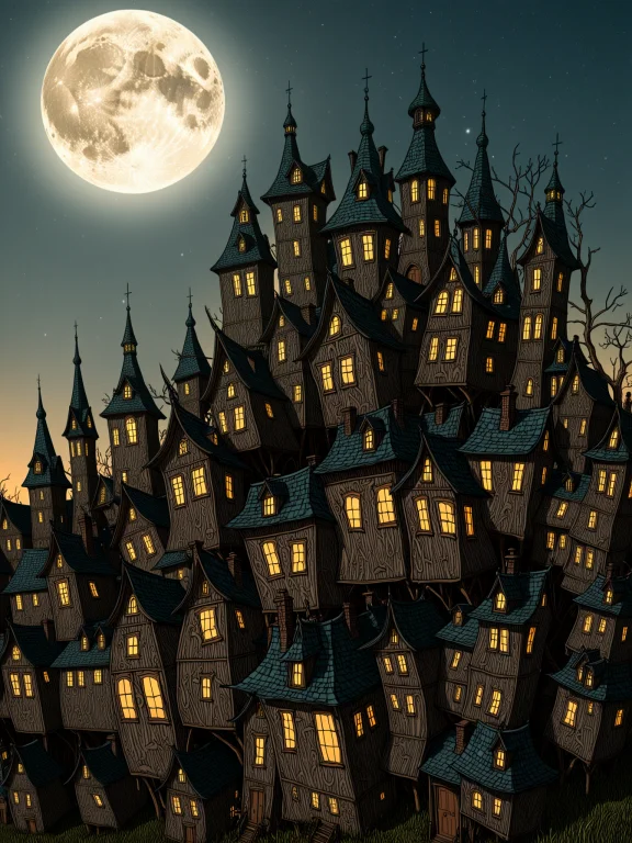 Whimsical Folk-art Style Illustration Of An Asymmetrical Mul...