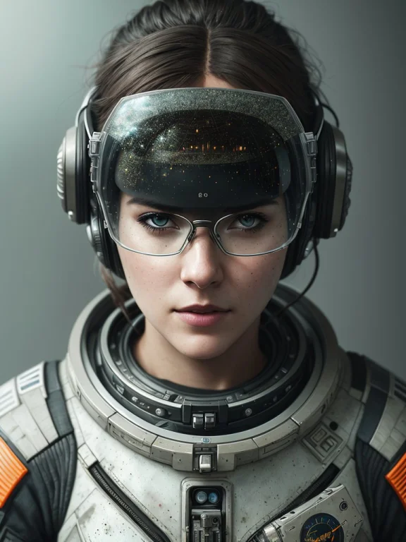 A Portrait Photo Of A Female With Astronaut Suit, Dirty, Int...