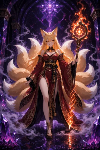 Masterpiece, Best Quality, Panel 1, Foxgirl Sorceress With N... — Stable Diffusion AI Prompt: masterpiece, best quality, panel 1, foxgirl sorceress with nine fluffy tails, an...