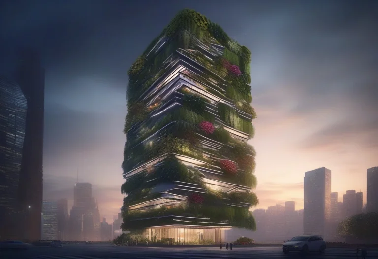 A Futuristic Skyscraper Draped In Vertical Gardens, Lantern...
