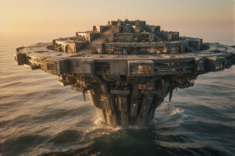 A Massive Floating City Platform Anchors Just Offshore, Its...
