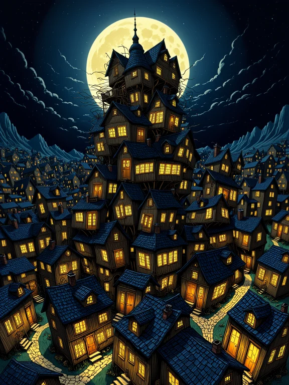 High Angle, Fish-eye Lens Effect, Whimsical Folk-art Style I...