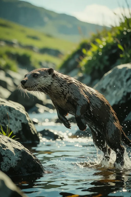 Nature, A Eurasian Otter Porpoising Along A Connemara River,...