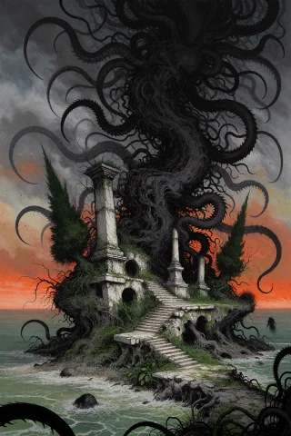 Xibalba, Imiller Style. No Humans. A Fantasy-horror Illustra... — Stable Diffusion AI Prompt: XIBALBA, imiller style. no humans. a fantasy-horror illustration of a small outc...