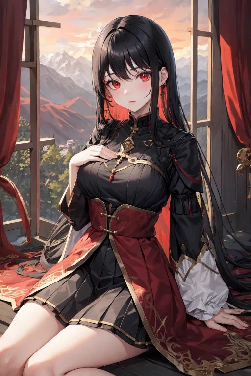 1girl, Black Hair, Red Eyes, Sitting, Fantasy Clothes, Windo...