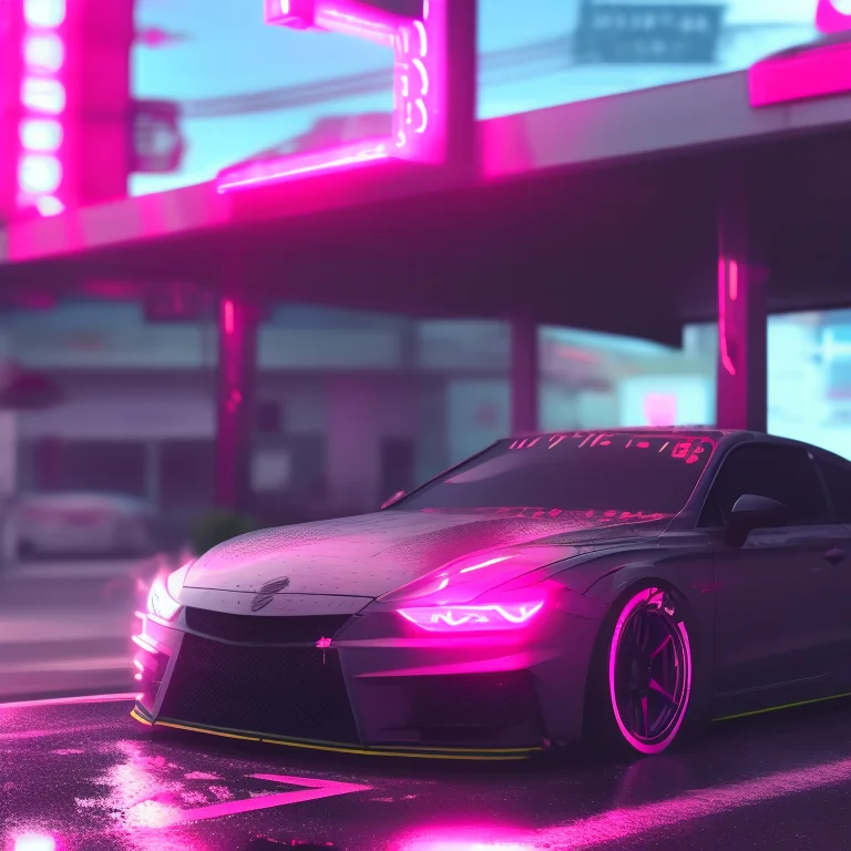 A Photo Of A Car Parked In Front Of A Gas Station With Neon...