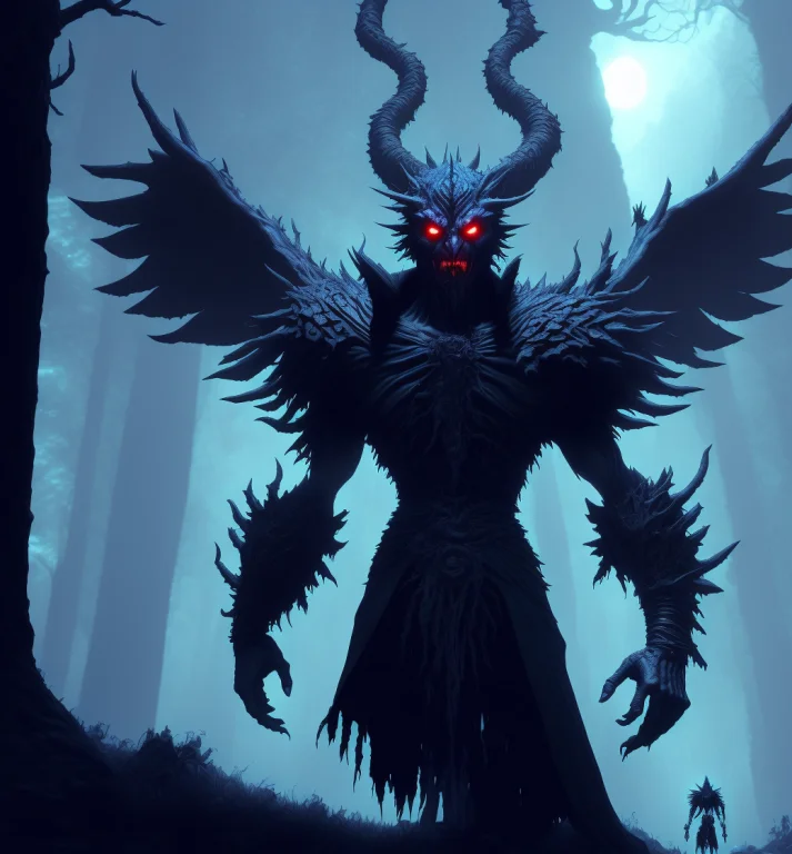 A Demonic Boss With Huge Wings Standing In A Dark Forest Wit...